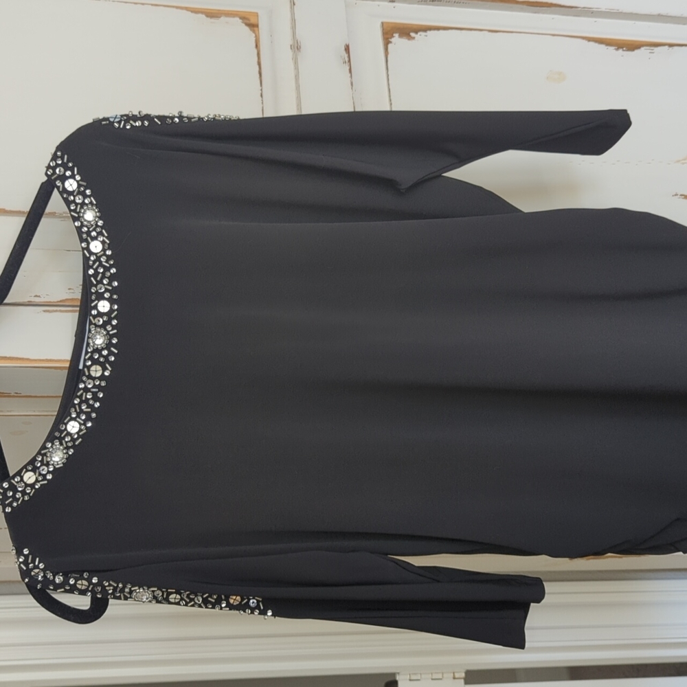 Long sleeve blouse bugle bead trim statement cold shoulder sleeves black